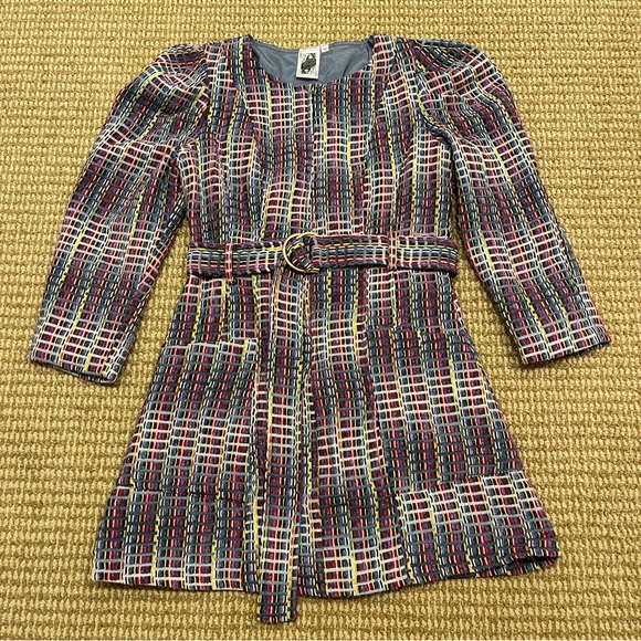 Queen of Sparkles Denim Tweed Plaid Long Sleeve Poof Sleeve Dress Medium - Picture 4 of 13